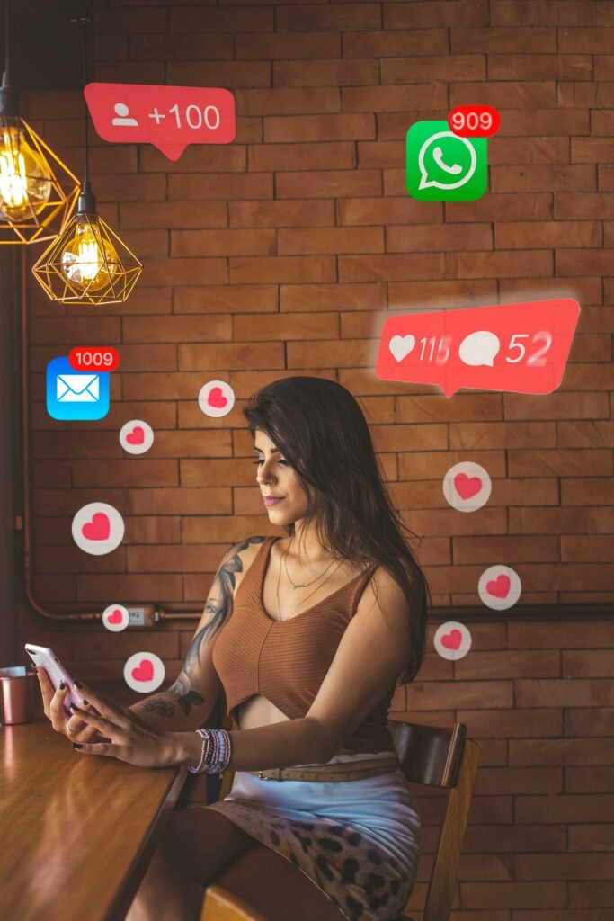 Woman using smartphone in cafe with social media notifications around. digital marketing agency